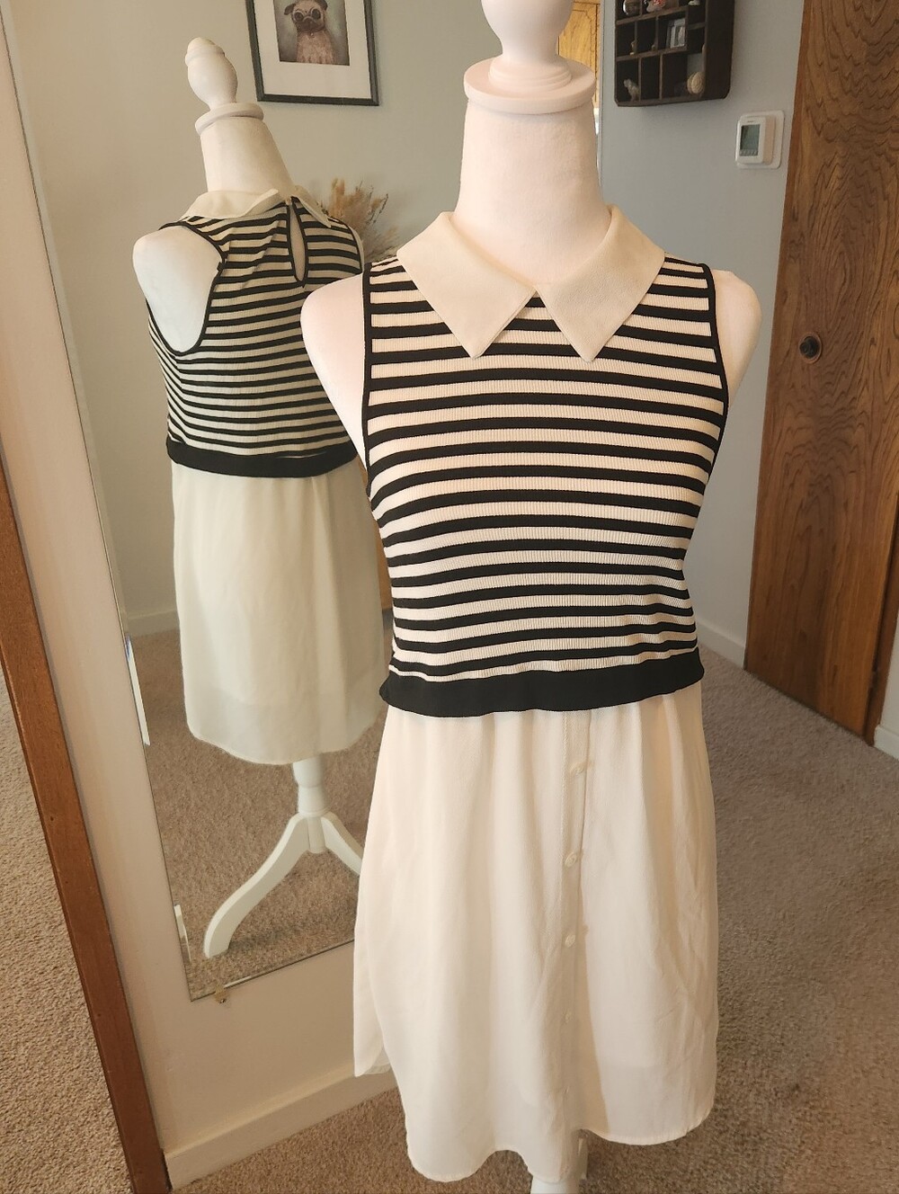 (2 For $30) Monteau Black & White Striped Collared Dress